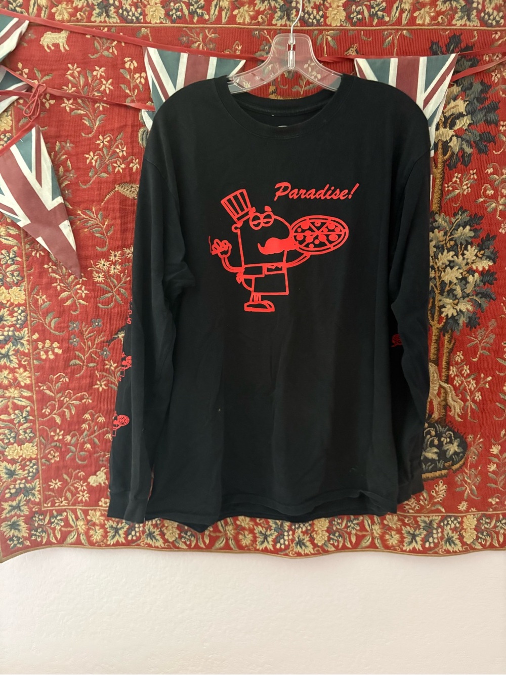 Black Long-Sleeve Tee with Red 'Paradise' Graphic